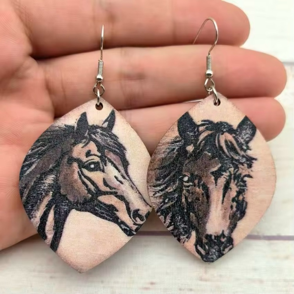 Western Cowgirl Horse Earrings Women Farm Stallion Portrait Animal Wood …